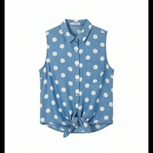 Timing Blue and White Polka Dot Sleeveless Blouse Tie Front Small Button Down